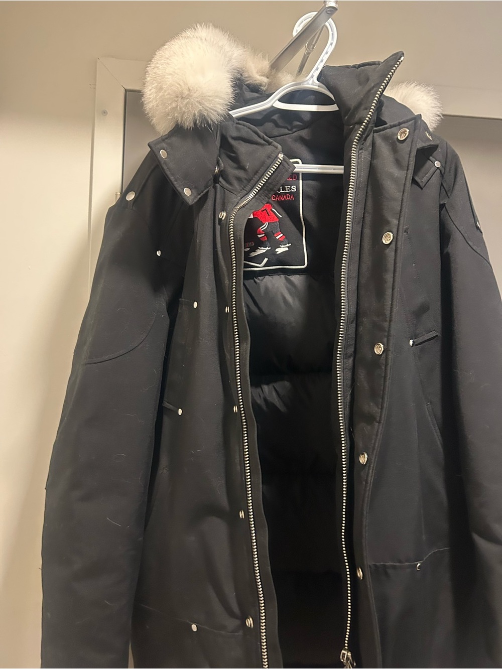 Moose Knuckles Men's Black Parka with Light Fur Trim Hood